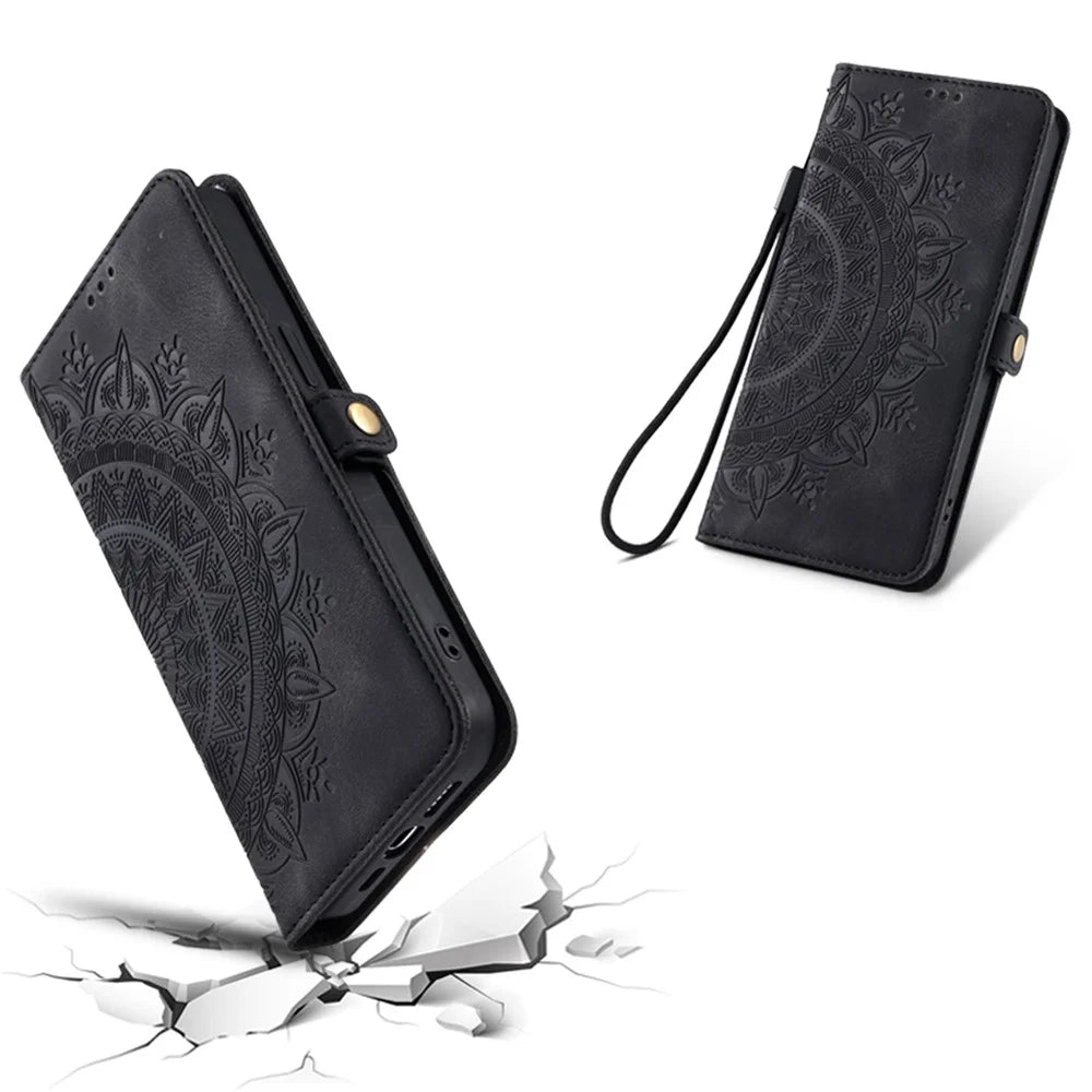 Style 016 For Samsung Galaxy A36 5G Case Skin Feel Totem Imprinted Wallet Leather Phone Cover - Black - 6