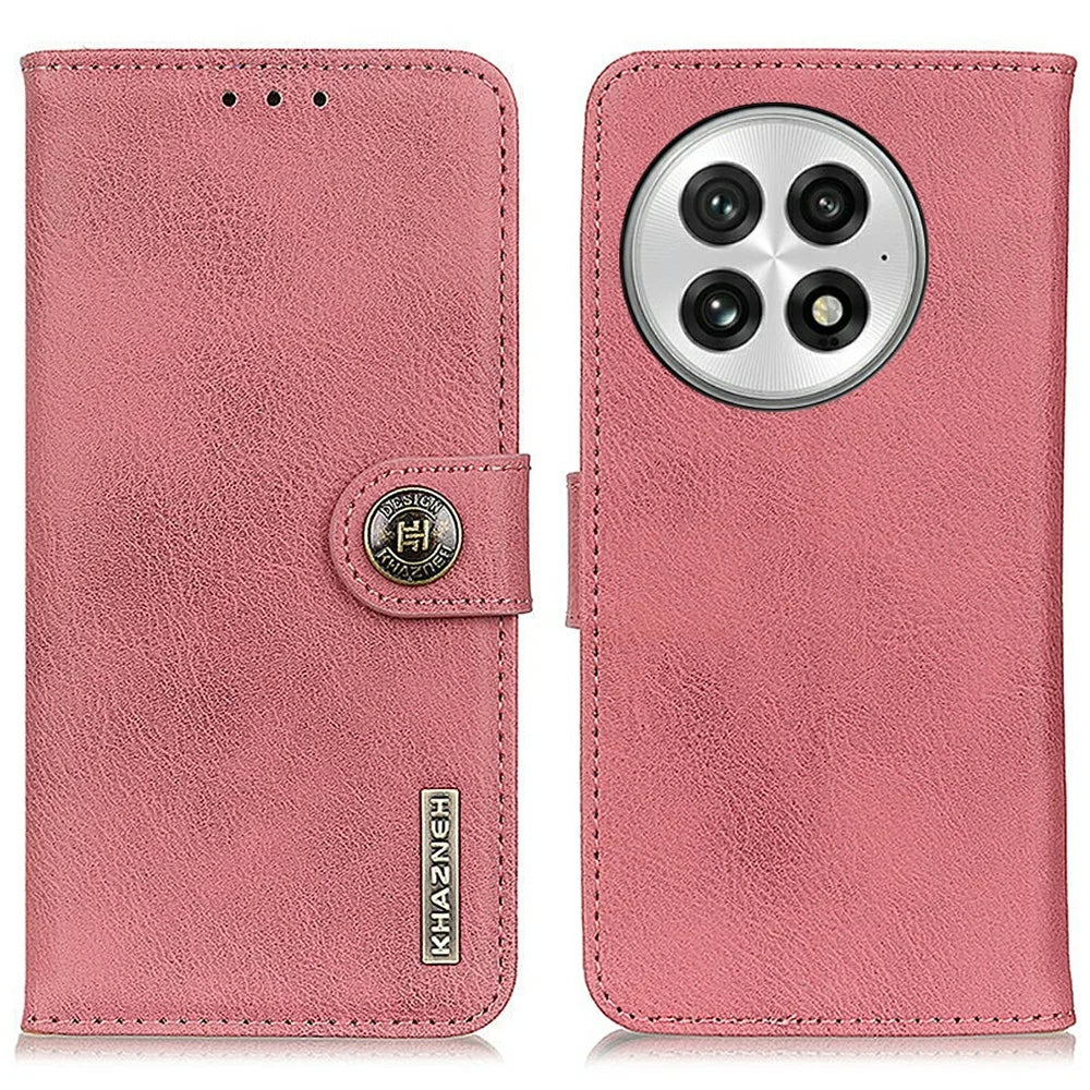 KHAZNEH For OnePlus 13 Wallet Case Cowhide Texture Leather Flip Phone Cover - Pink - 1