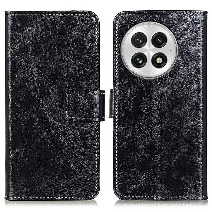 For OnePlus 13 Leather Case Wallet Phone Cover Crazy Horse Texture - Black - 1