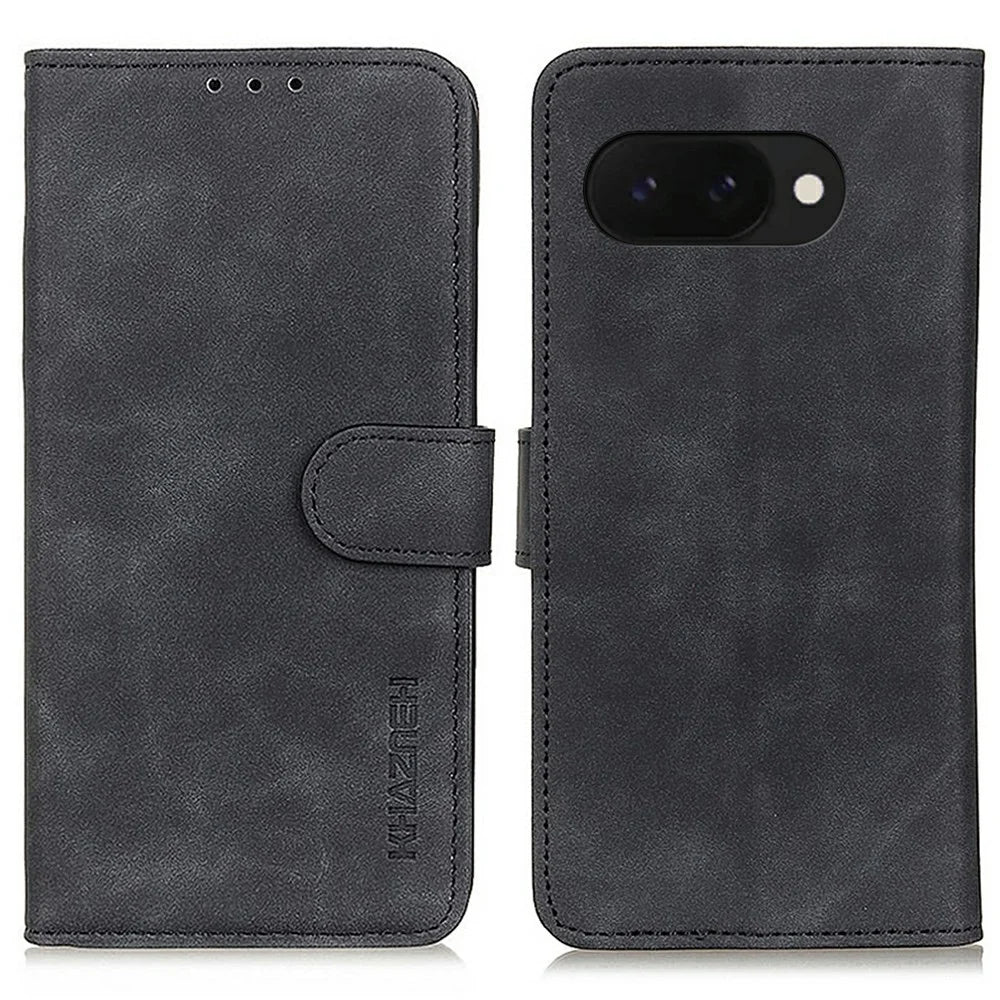 KHAZNEH For Google Pixel 9a Case PU Leather Retro Texture Phone Cover - Black - 1
