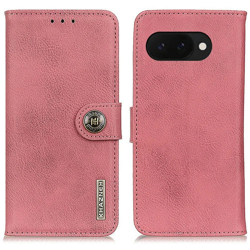 KHAZNEH For Google Pixel 9a Wallet Case Cowhide Texture Leather Flip Phone Cover - Pink - 1