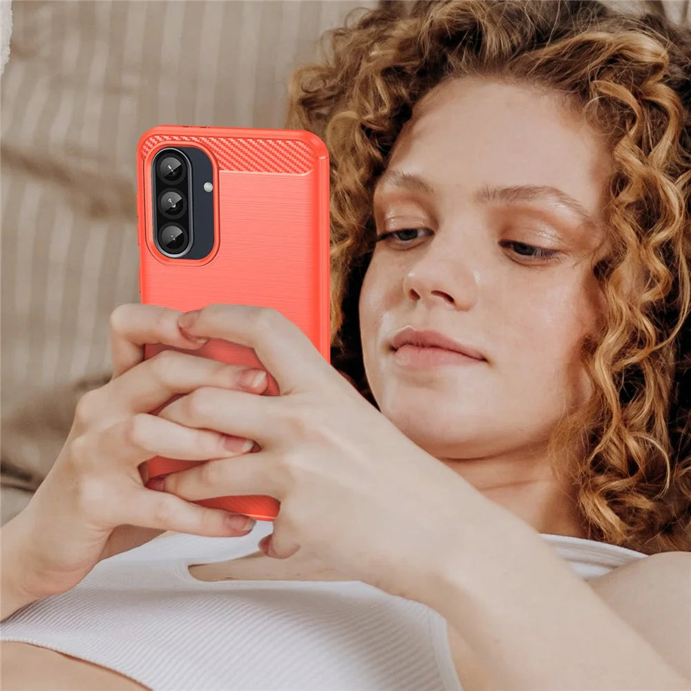 For Samsung Galaxy A36 5G / A56 5G Case Carbon Fiber Texture Brushed Anti Fingerprint Phone Back Cover - Red - 6