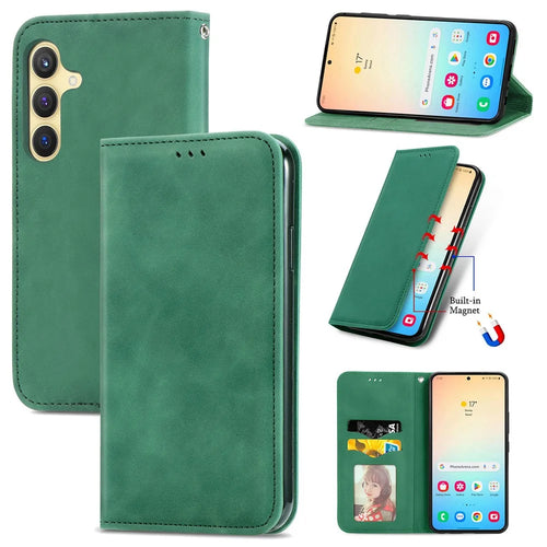 For Samsung Galaxy S25 Leather Case with Card Holder Magnetic Absorption Phone Cover - Green - 1