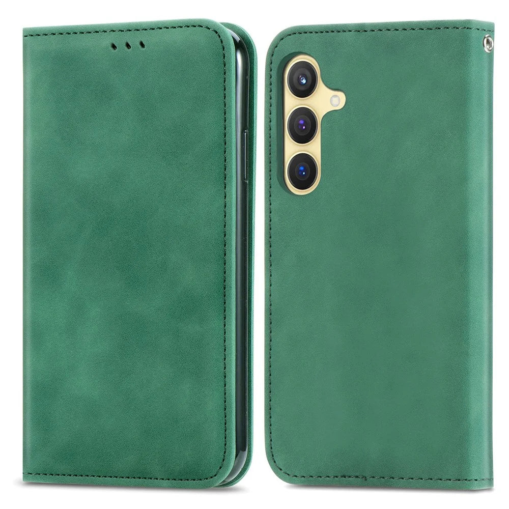 For Samsung Galaxy S25 Leather Case with Card Holder Magnetic Absorption Phone Cover - Green - 2