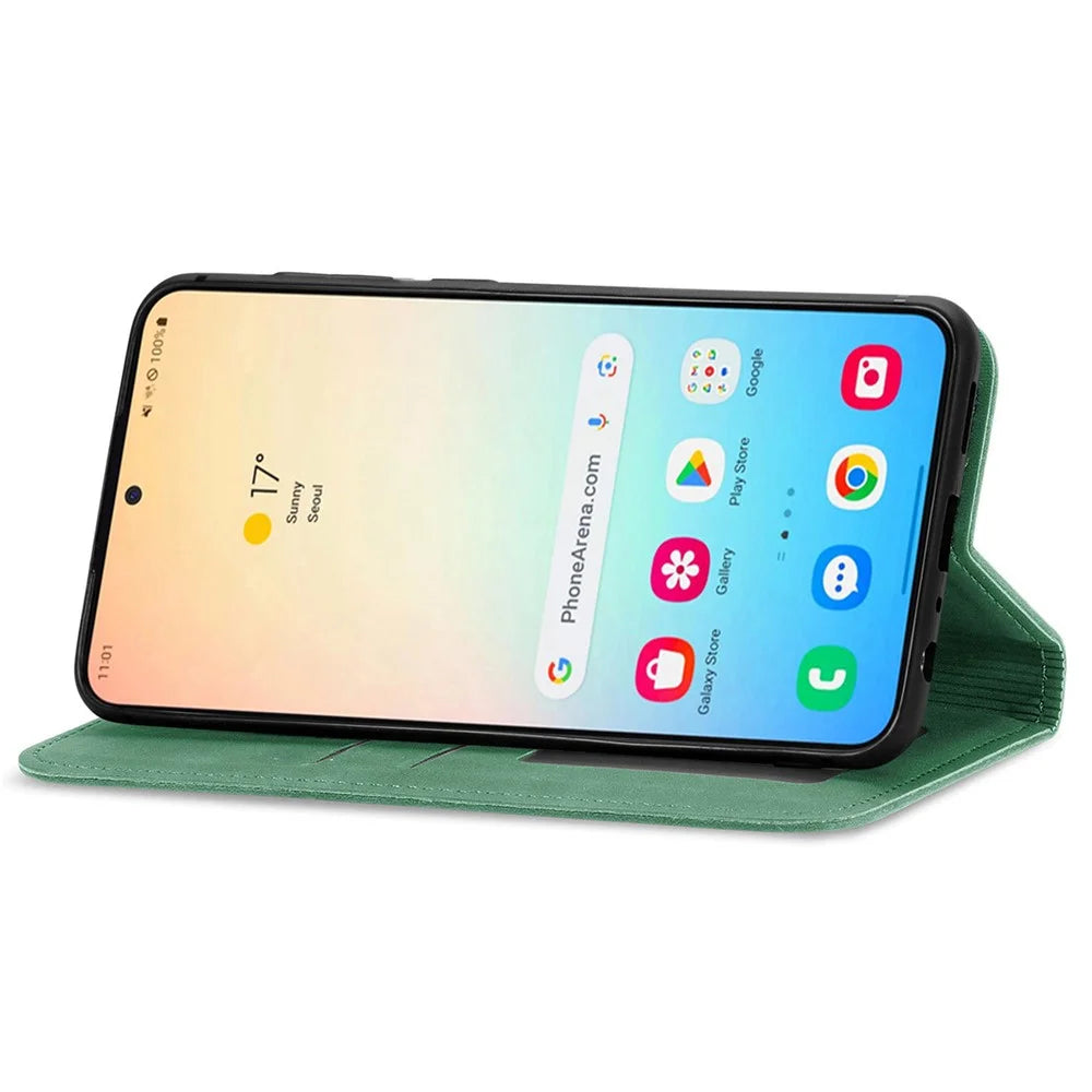For Samsung Galaxy S25 Leather Case with Card Holder Magnetic Absorption Phone Cover - Green - 3