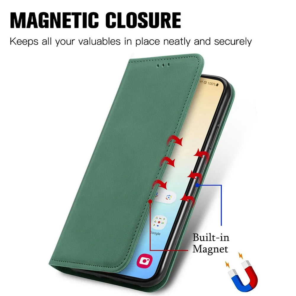 For Samsung Galaxy S25 Leather Case with Card Holder Magnetic Absorption Phone Cover - Green - 4