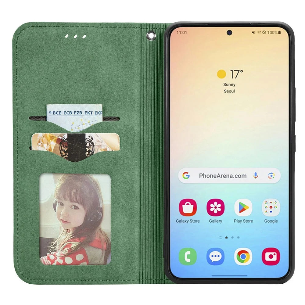 For Samsung Galaxy S25 Leather Case with Card Holder Magnetic Absorption Phone Cover - Green - 5
