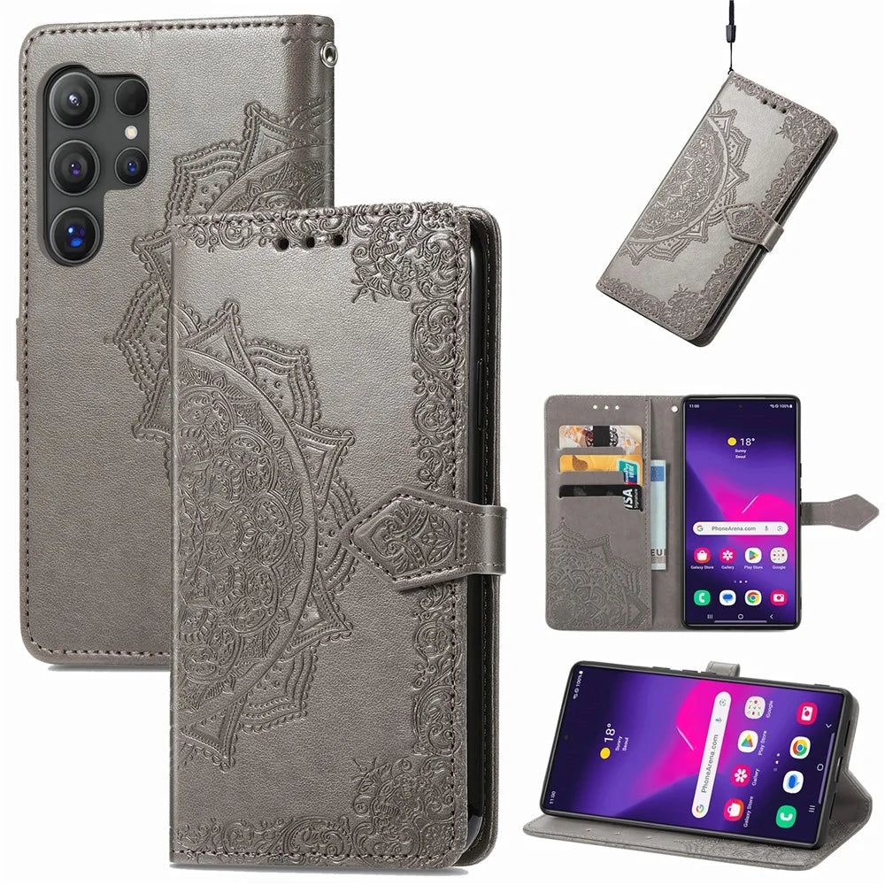 For Samsung Galaxy S25 Ultra Wallet Case Mandala Flower Leather Phone Cover Stand - Grey - 1