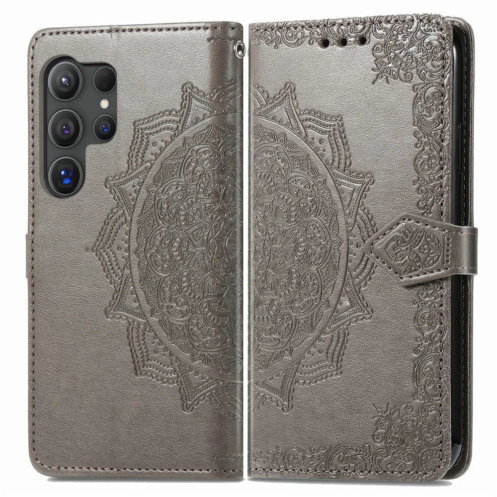 For Samsung Galaxy S25 Ultra Wallet Case Mandala Flower Leather Phone Cover Stand - Grey - 2