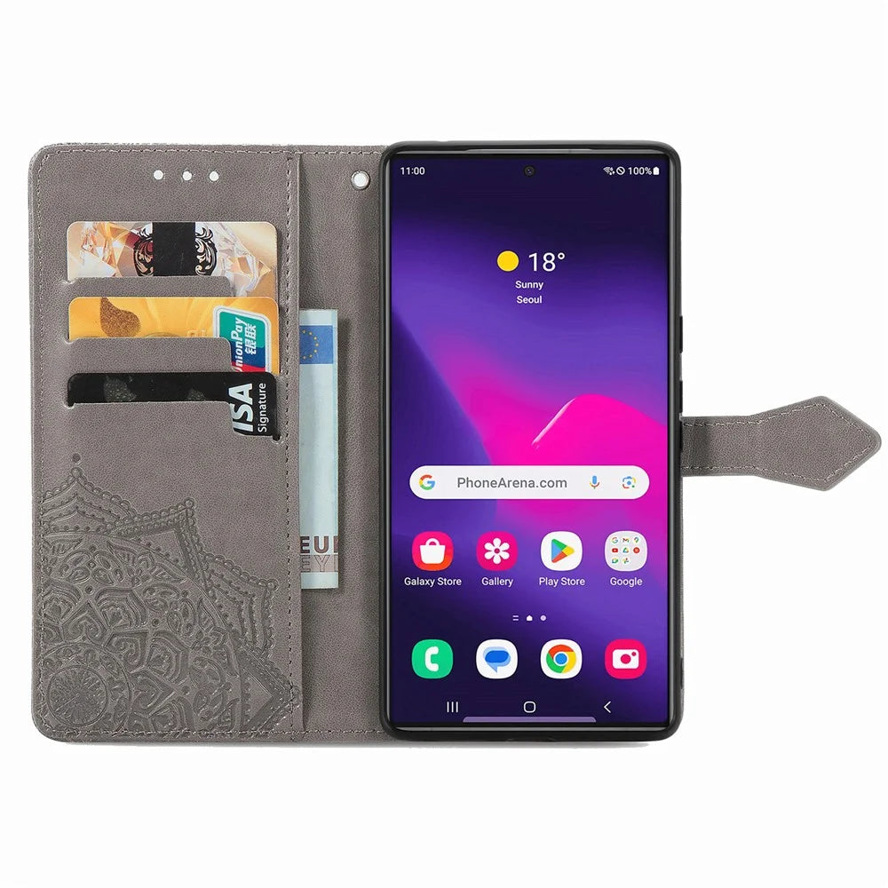For Samsung Galaxy S25 Ultra Wallet Case Mandala Flower Leather Phone Cover Stand - Grey - 3