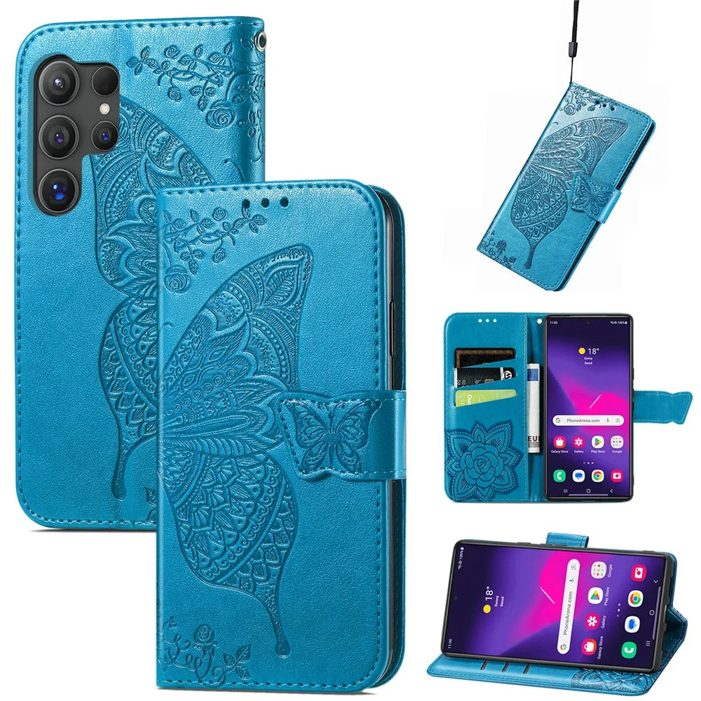 For Samsung Galaxy S25 Ultra Case with Strap Butterfly Pattern PU Leather Wallet Phone Cover - Blue - 1