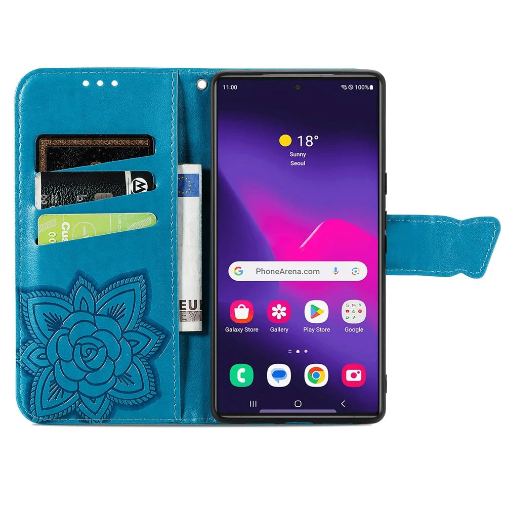 For Samsung Galaxy S25 Ultra Case with Strap Butterfly Pattern PU Leather Wallet Phone Cover - Blue - 3