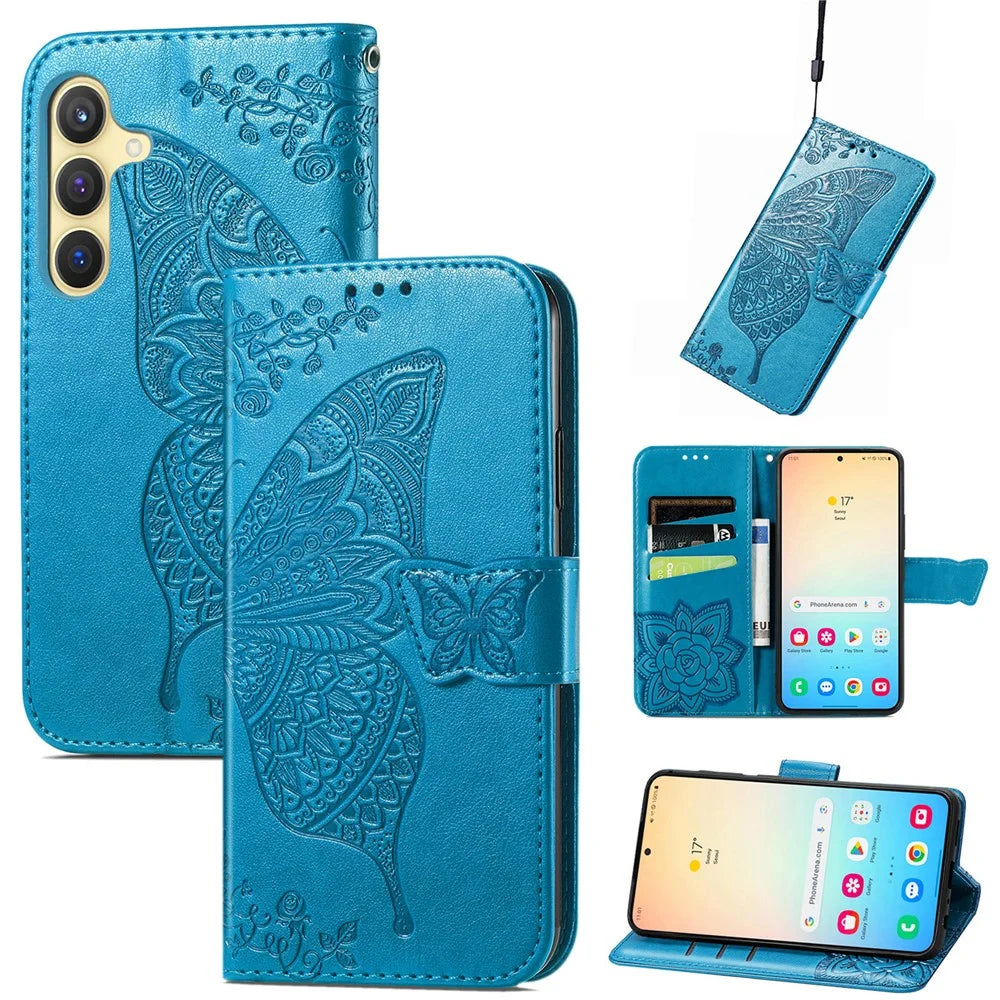 For Samsung Galaxy S25 Case with Strap Butterfly Pattern PU Leather Wallet Phone Cover - Blue - 1