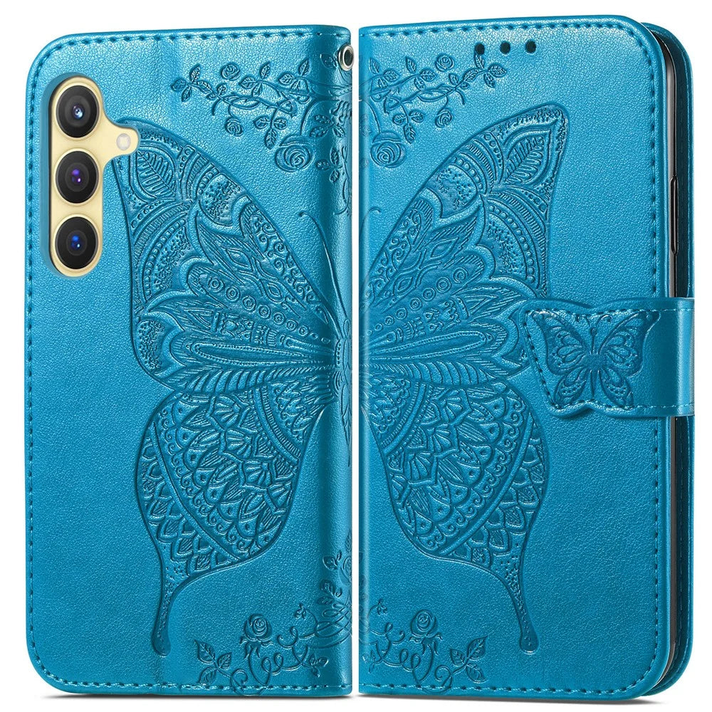 For Samsung Galaxy S25 Case with Strap Butterfly Pattern PU Leather Wallet Phone Cover - Blue - 2