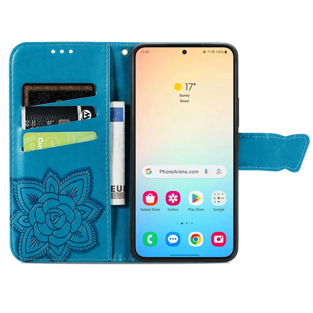 For Samsung Galaxy S25 Case with Strap Butterfly Pattern PU Leather Wallet Phone Cover - Blue - 3