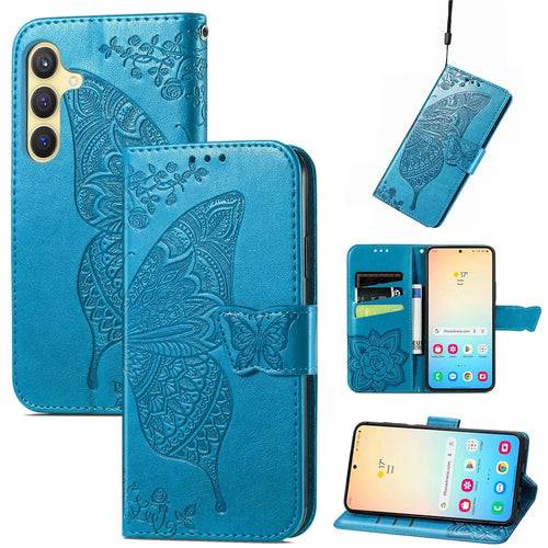 For Samsung Galaxy S25+ Case with Strap Butterfly Pattern PU Leather Wallet Phone Cover - Blue - 1