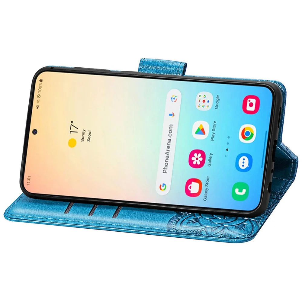 For Samsung Galaxy S25+ Case with Strap Butterfly Pattern PU Leather Wallet Phone Cover - Blue - 4