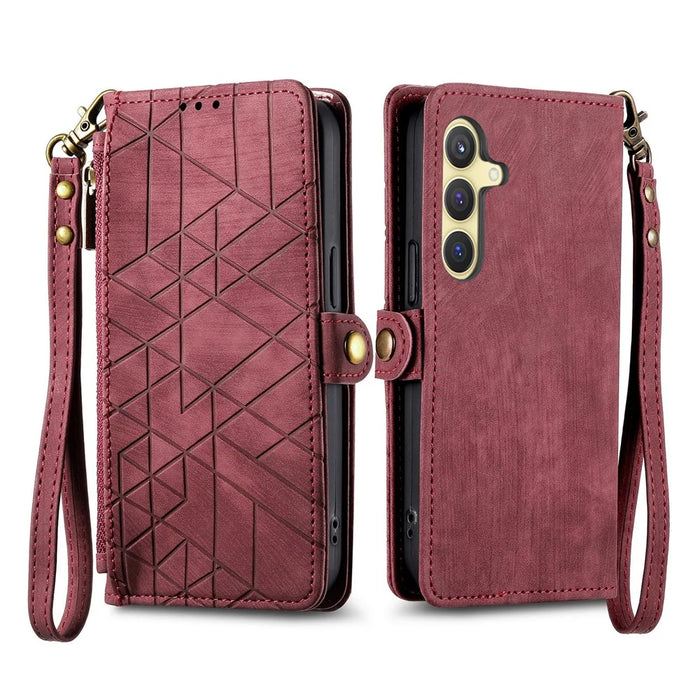 For Samsung Galaxy S25+ Zipper Wallet Case Geometry Lines Leather Phone Cover with Strap - Red - 2