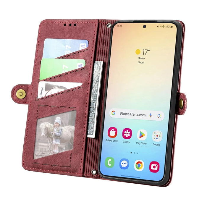 For Samsung Galaxy S25+ Zipper Wallet Case Geometry Lines Leather Phone Cover with Strap - Red - 3