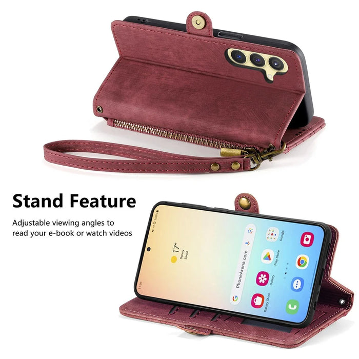 For Samsung Galaxy S25+ Zipper Wallet Case Geometry Lines Leather Phone Cover with Strap - Red - 4