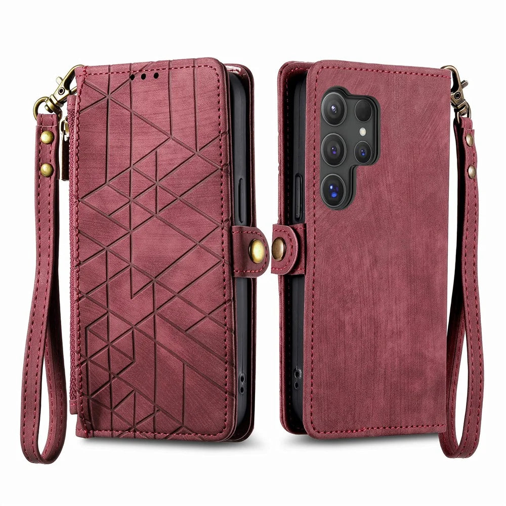 For Samsung Galaxy S25 Ultra Zipper Wallet Case Geometry Lines Leather Phone Cover with Strap - Red - 2