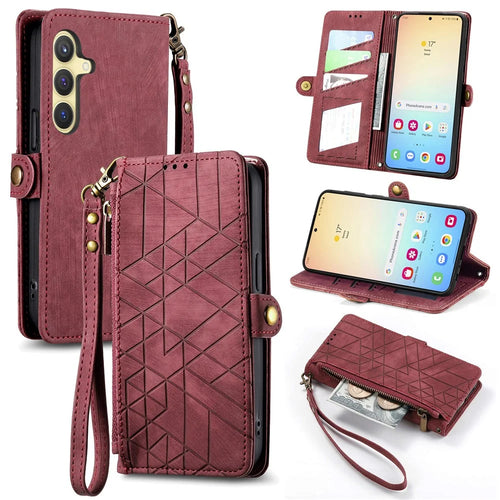 For Samsung Galaxy S25 Zipper Wallet Case Geometry Lines Leather Phone Cover with Strap - Red - 1