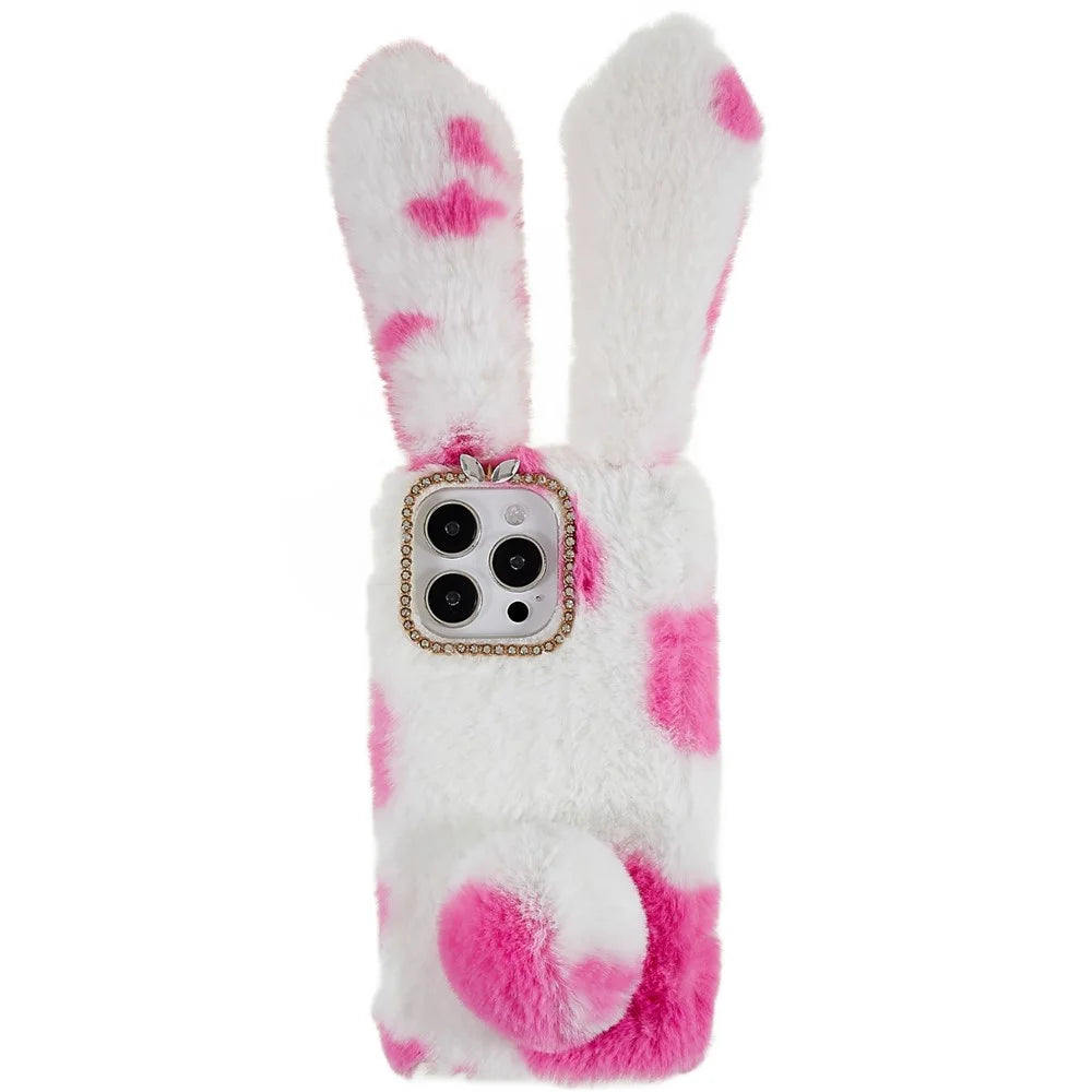 For iPhone 14 Pro Max Anti-fall Soft Handmade Fluffy Furry Bunny TPU Shell Cute Rabbit Protective Case - Rose - 1