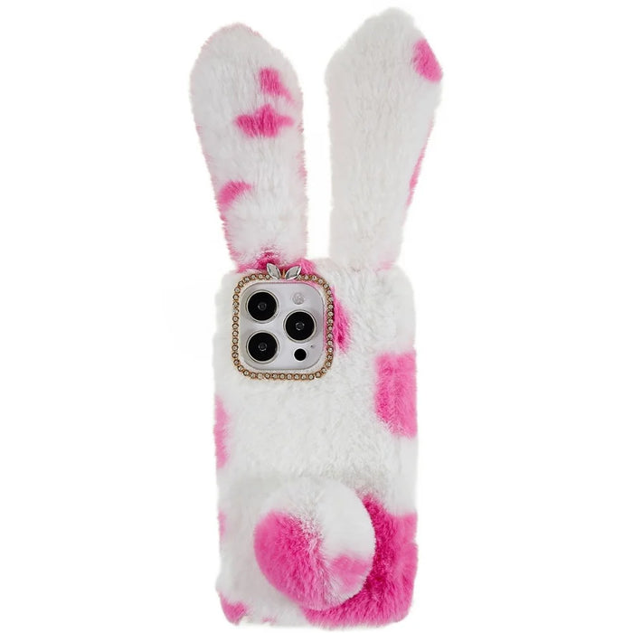 For iPhone 14 Pro Max Anti-fall Soft Handmade Fluffy Furry Bunny TPU Shell Cute Rabbit Protective Case - Rose - 1