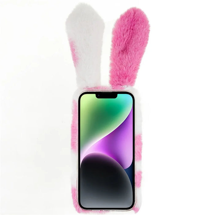 For iPhone 14 Pro Max Anti-fall Soft Handmade Fluffy Furry Bunny TPU Shell Cute Rabbit Protective Case - Rose - 2