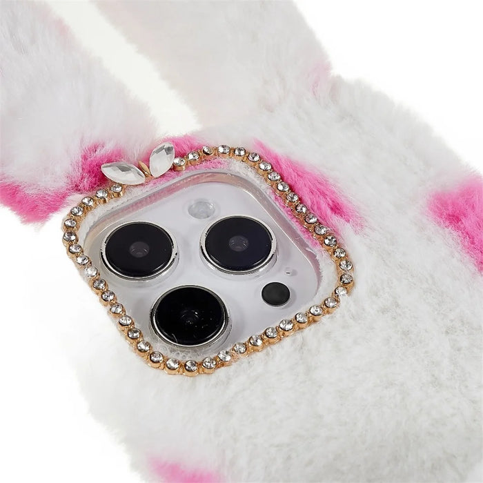 For iPhone 14 Pro Max Anti-fall Soft Handmade Fluffy Furry Bunny TPU Shell Cute Rabbit Protective Case - Rose - 5