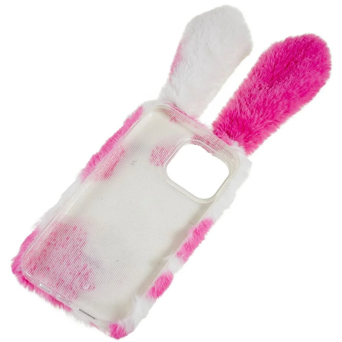 For iPhone 14 Pro Max Anti-fall Soft Handmade Fluffy Furry Bunny TPU Shell Cute Rabbit Protective Case - Rose - 6