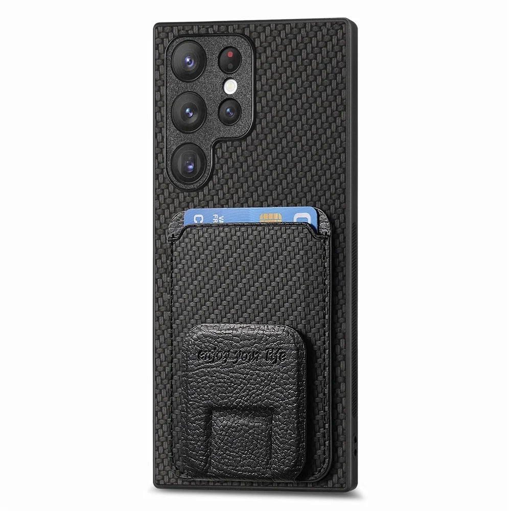 For Samsung Galaxy S25 Ultra Case Card Holder Carbon Fiber Texture Leather Coated TPU Phone Cover - Black - 2
