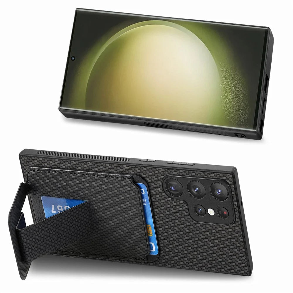 For Samsung Galaxy S25 Ultra Case Card Holder Carbon Fiber Texture Leather Coated TPU Phone Cover - Black - 5