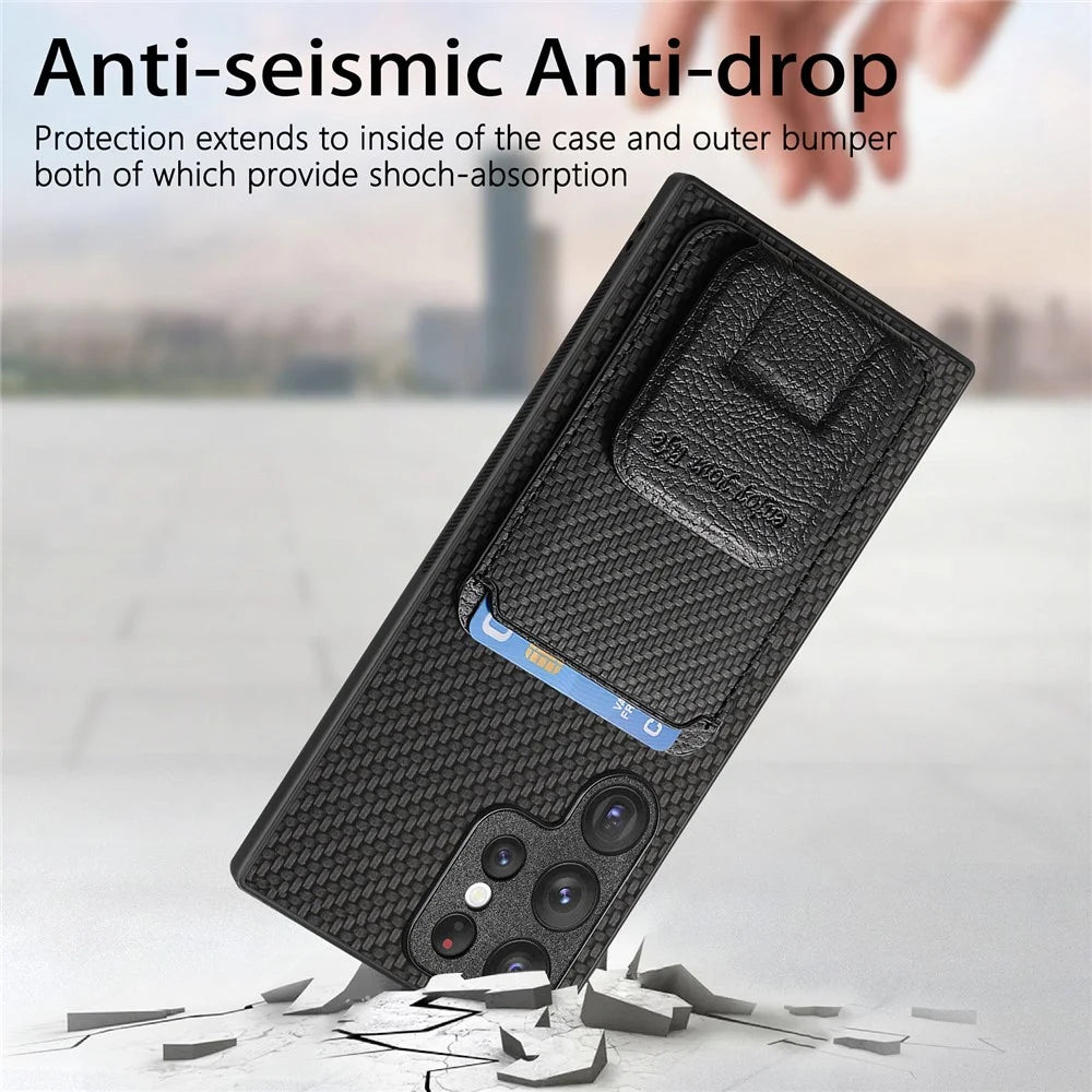 For Samsung Galaxy S25 Ultra Case Card Holder Carbon Fiber Texture Leather Coated TPU Phone Cover - Black - 6