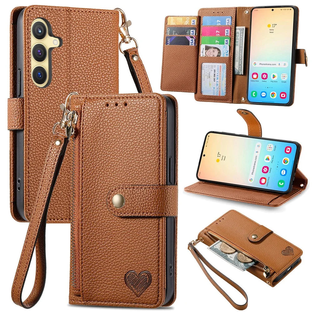 For Samsung Galaxy S25+ Case RFID Blocking Zipper Pocket Leather Wallet Phone Cover with Strap - Brown - 1