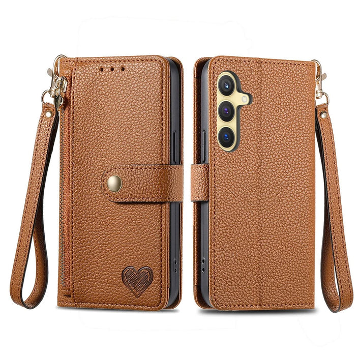 For Samsung Galaxy S25+ Case RFID Blocking Zipper Pocket Leather Wallet Phone Cover with Strap - Brown - 2