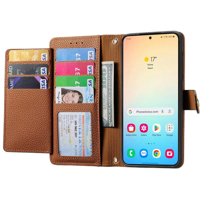 For Samsung Galaxy S25+ Case RFID Blocking Zipper Pocket Leather Wallet Phone Cover with Strap - Brown - 3