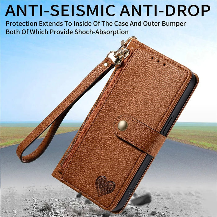 For Samsung Galaxy S25+ Case RFID Blocking Zipper Pocket Leather Wallet Phone Cover with Strap - Brown - 5