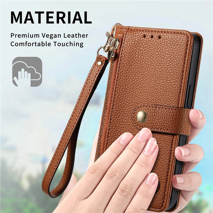 For Samsung Galaxy S25+ Case RFID Blocking Zipper Pocket Leather Wallet Phone Cover with Strap - Brown - 6