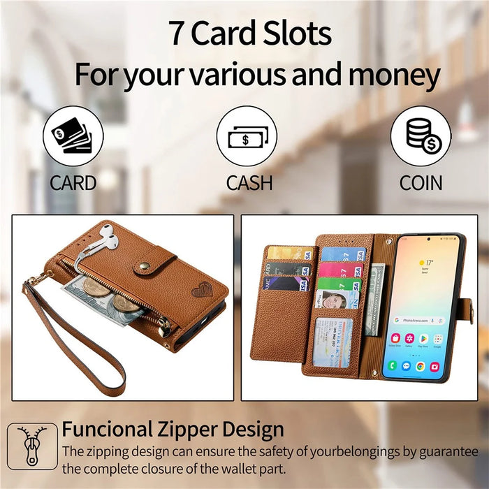 For Samsung Galaxy S25+ Case RFID Blocking Zipper Pocket Leather Wallet Phone Cover with Strap - Brown - 7