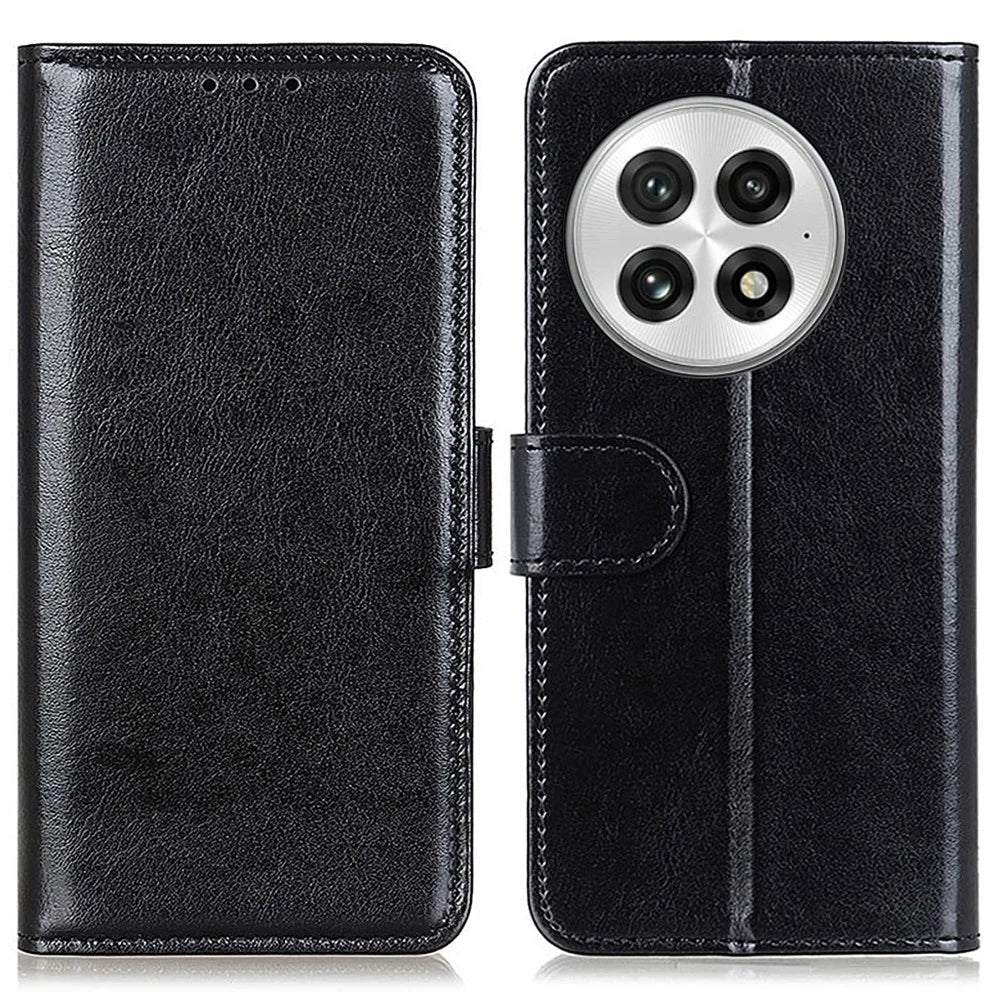 For OnePlus 13 Case Crazy Horse Texture PU Leather Phone Stand Cover - Black - 1