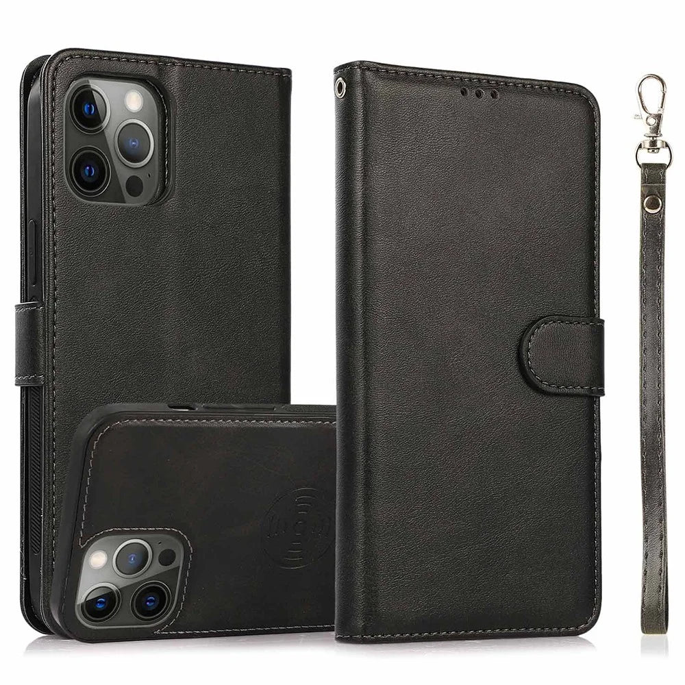 For iPhone 16 Pro Max Case Magnetic Detachable 2-in-1 Wallet Stand PU Leather Phone Cover - Black - 1