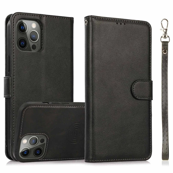 For iPhone 16 Pro Max Case Magnetic Detachable 2-in-1 Wallet Stand PU Leather Phone Cover - Black - 1