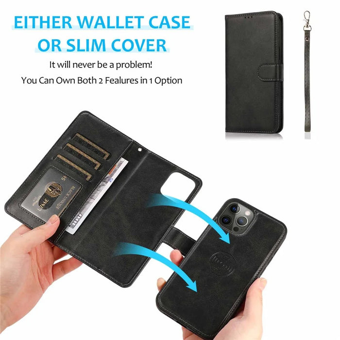 For iPhone 16 Pro Max Case Magnetic Detachable 2-in-1 Wallet Stand PU Leather Phone Cover - Black - 2