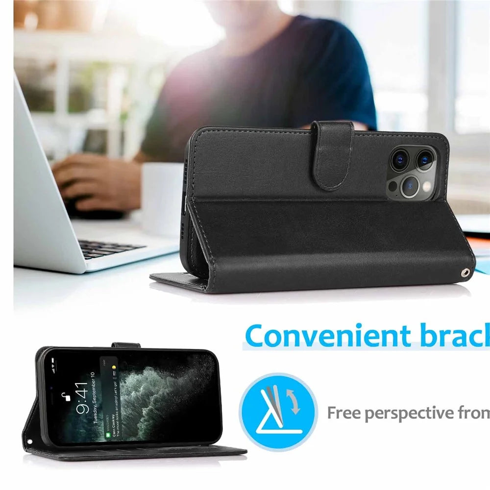 For iPhone 16 Pro Case Magnetic Detachable 2-in-1 Wallet Stand PU Leather Phone Cover - Black - 4