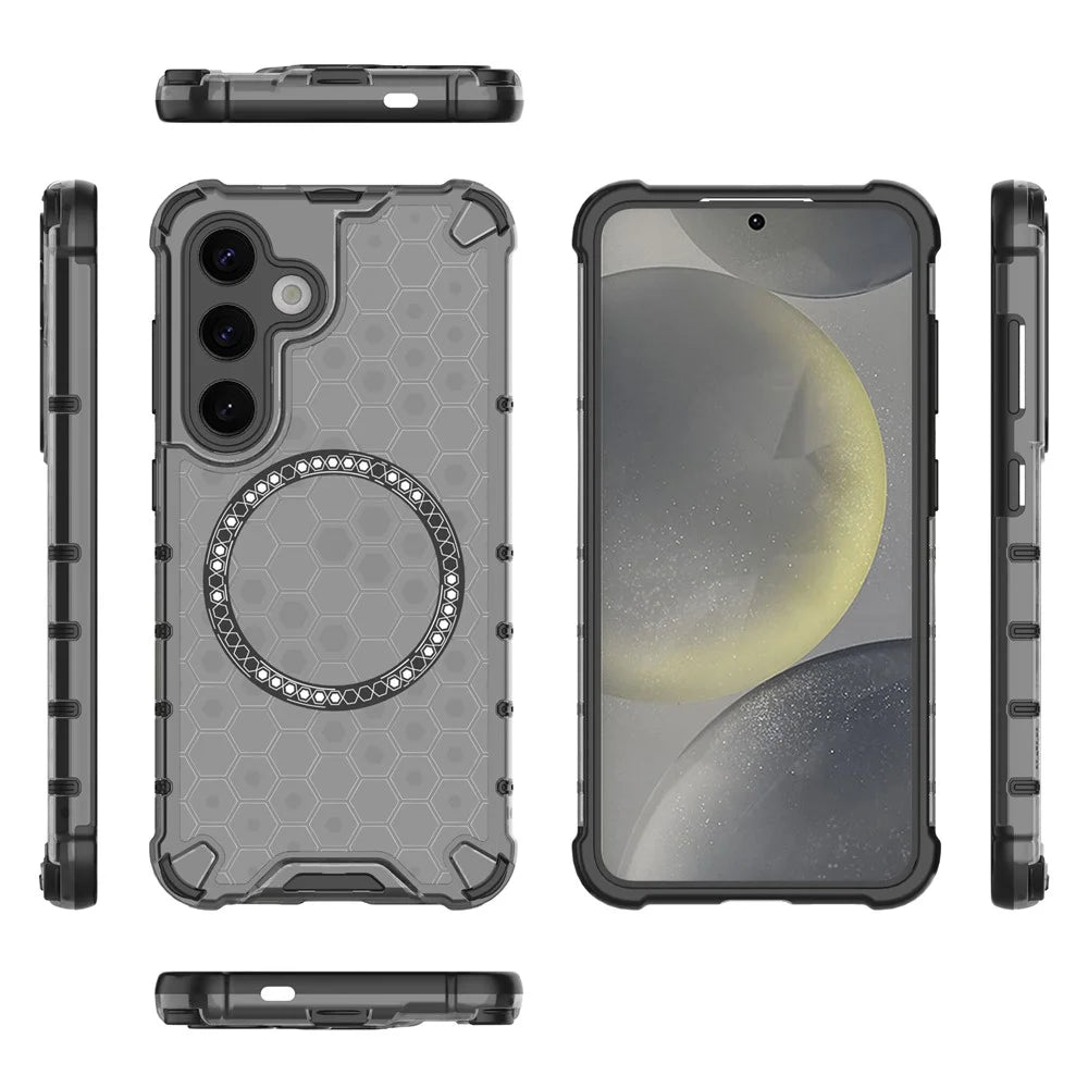 For Samsung Galaxy S25 Magnetic Case Honeycomb Design TPU+PC Phone Cover - Grey - 4
