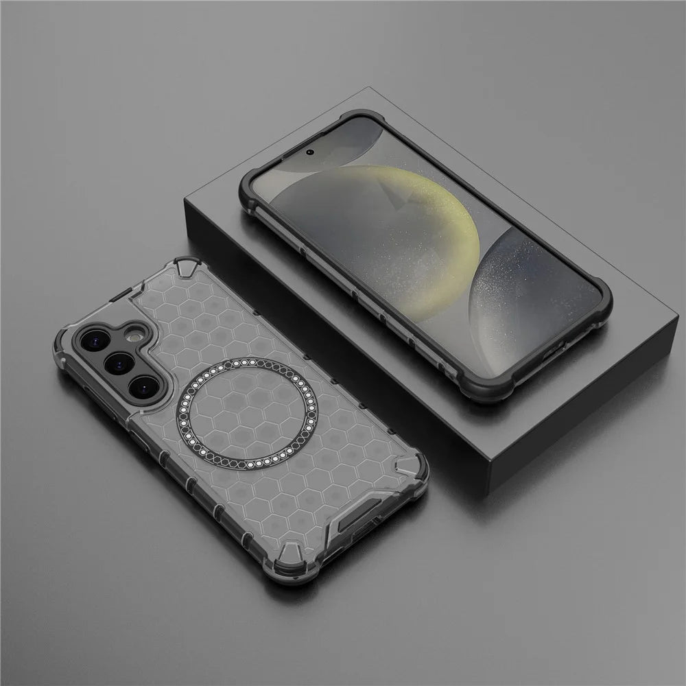 For Samsung Galaxy S25 Magnetic Case Honeycomb Design TPU+PC Phone Cover - Grey - 5