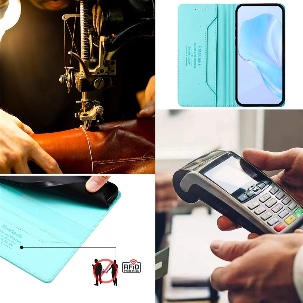 RINACASIS RC01 For Samsung Galaxy S24 FE Leather Case RFID Blocking Phone Cover Magnetic Closing - Mint Green - 4
