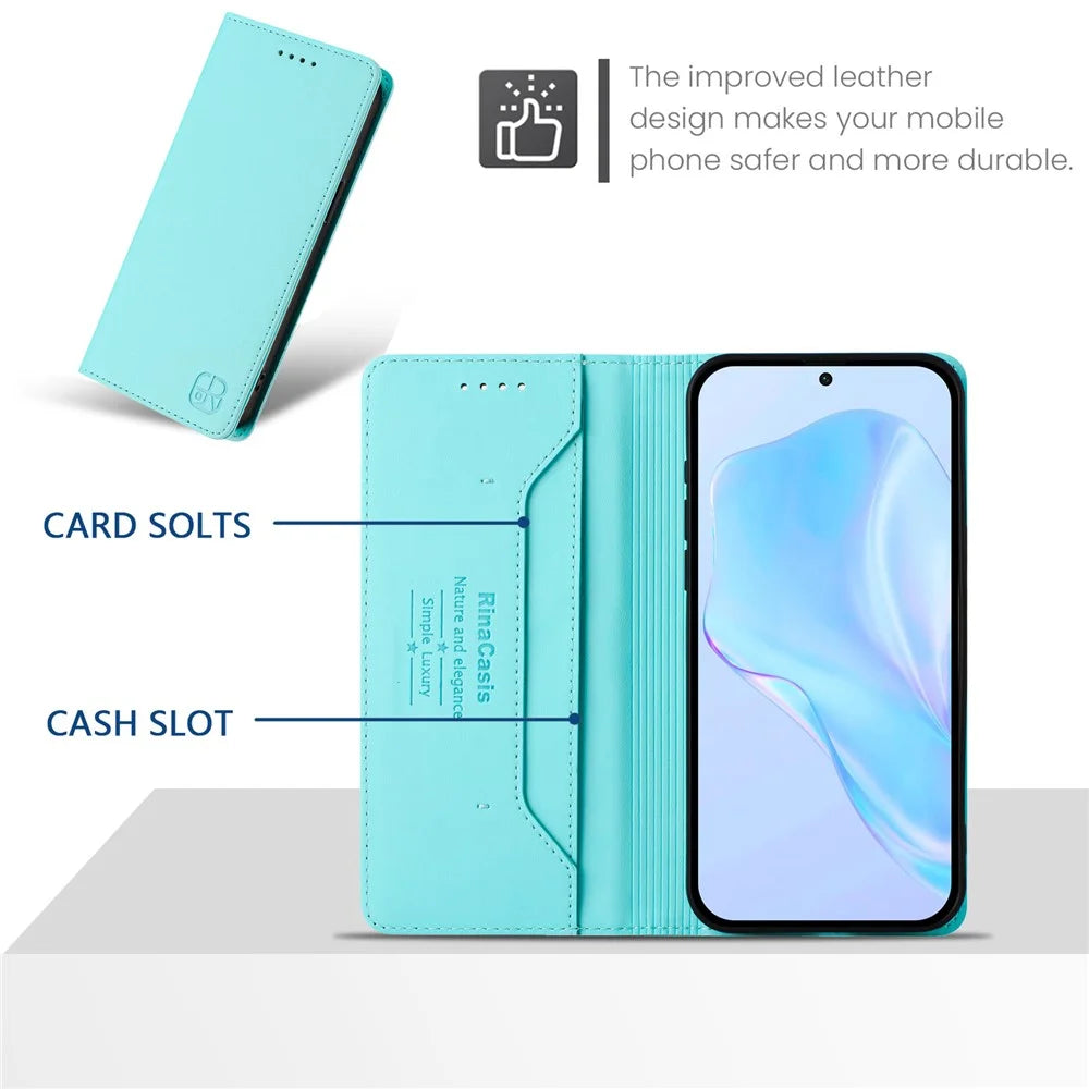 RINACASIS RC01 For Samsung Galaxy S24 FE Leather Case RFID Blocking Phone Cover Magnetic Closing - Mint Green - 7