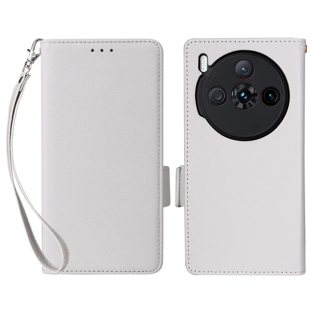 For ZTE nubia Z60S Pro 5G Case with Wrist Strap Litchi Texture PU Leather Wallet Phone Cover - White - 1